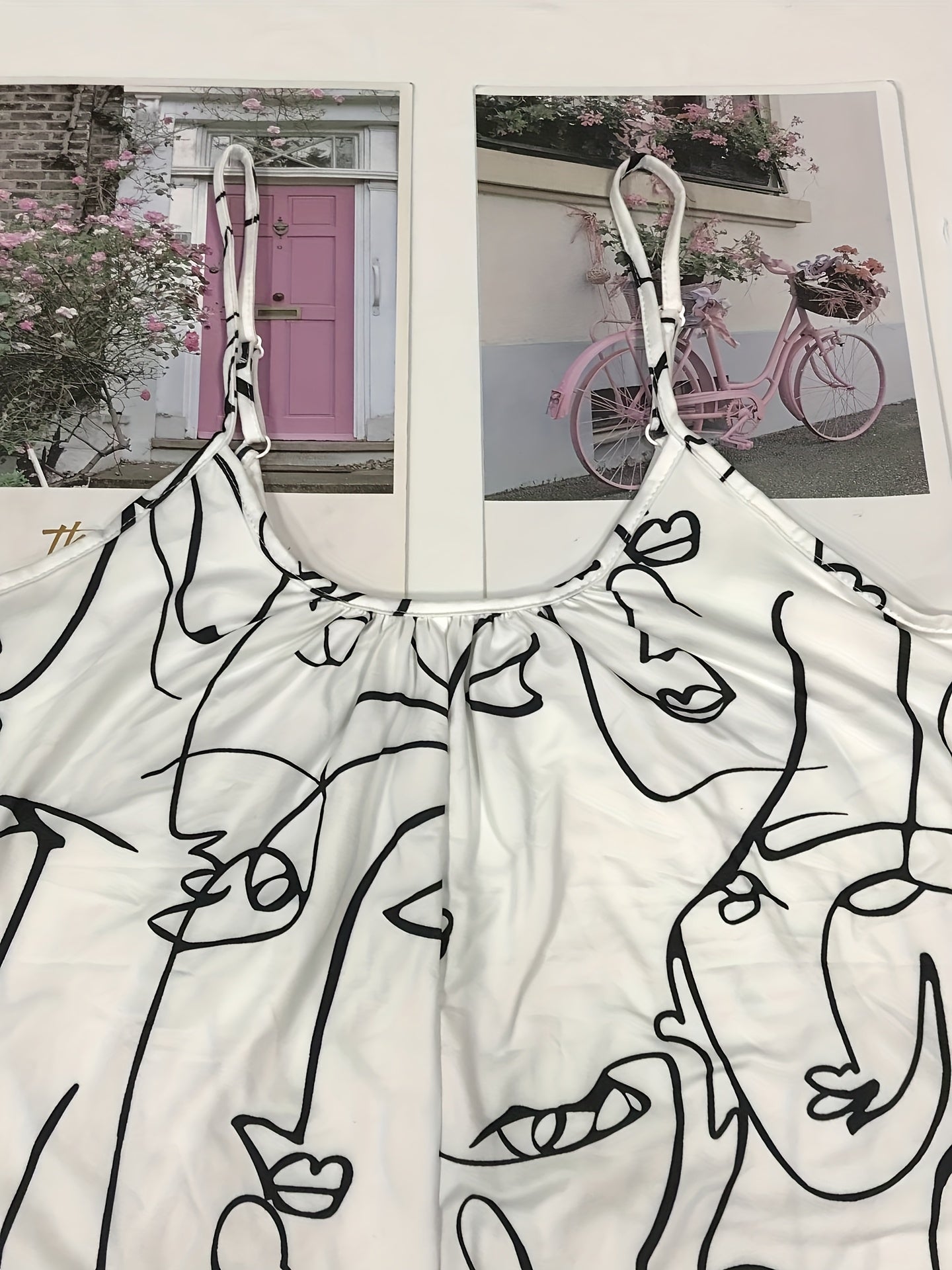 Plus Size Women’s Abstract Face Print Cami Romper Breathable Adjustable Straps