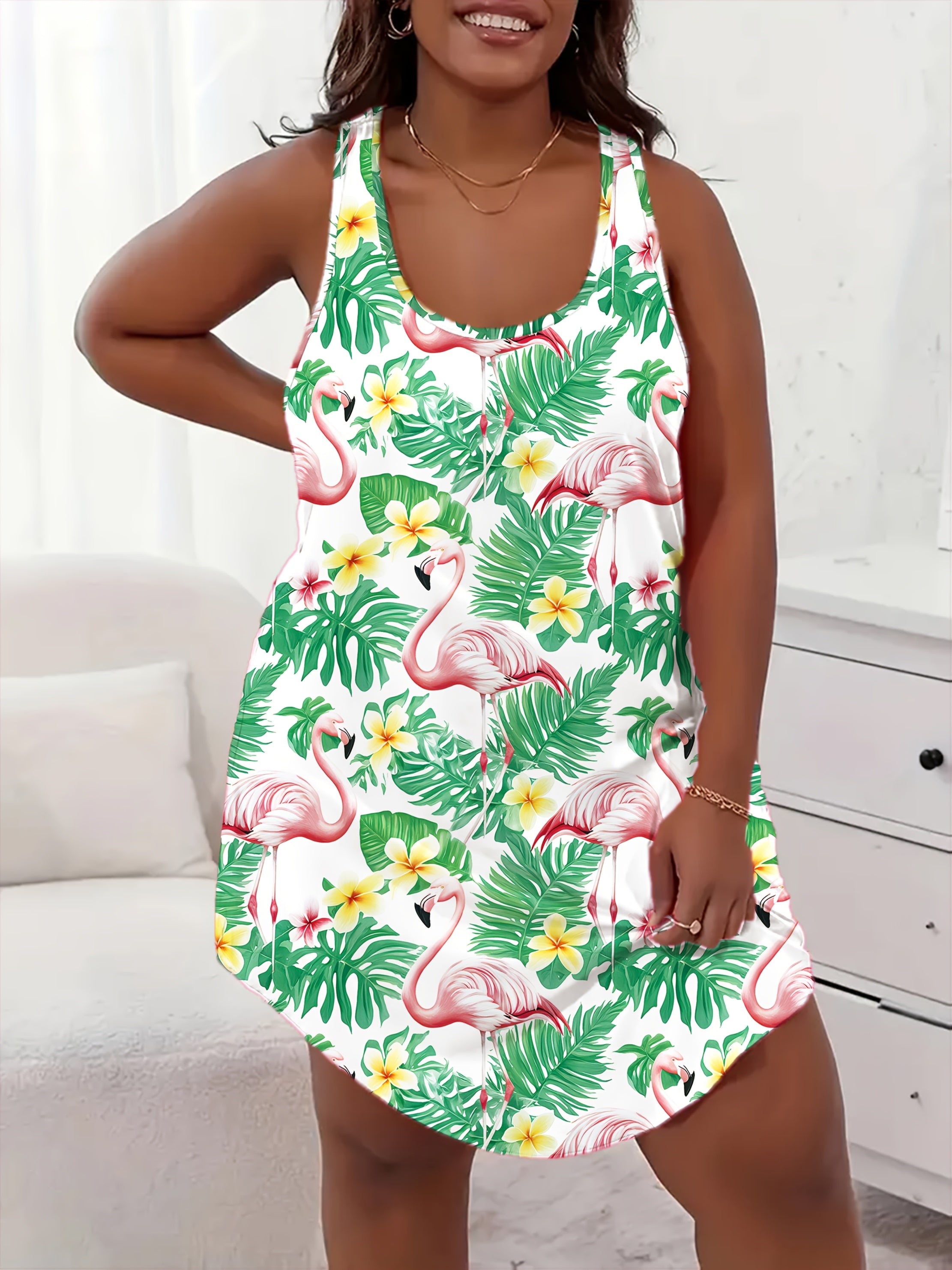 Plus Size Women's Tropical Flamingo Print Sleep Dress Off-Shoulder Soft Stretchy Fabric