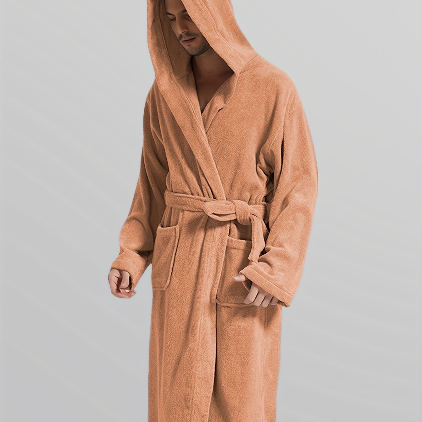 Халат с длинным рукавом и капюшоном для мужчин и женщин, из вязаной ткани, однотонный, повседневная домашняя одежда