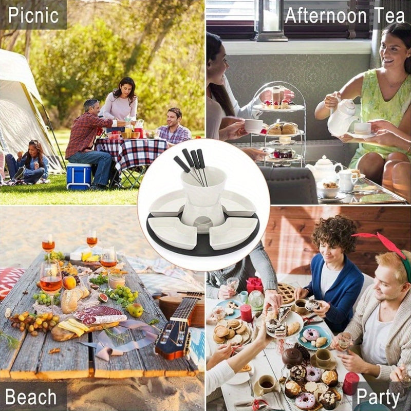 Set de fondue de cerámica para queso, chocolate, mantequilla y caramelo con 4 tenedores y platos