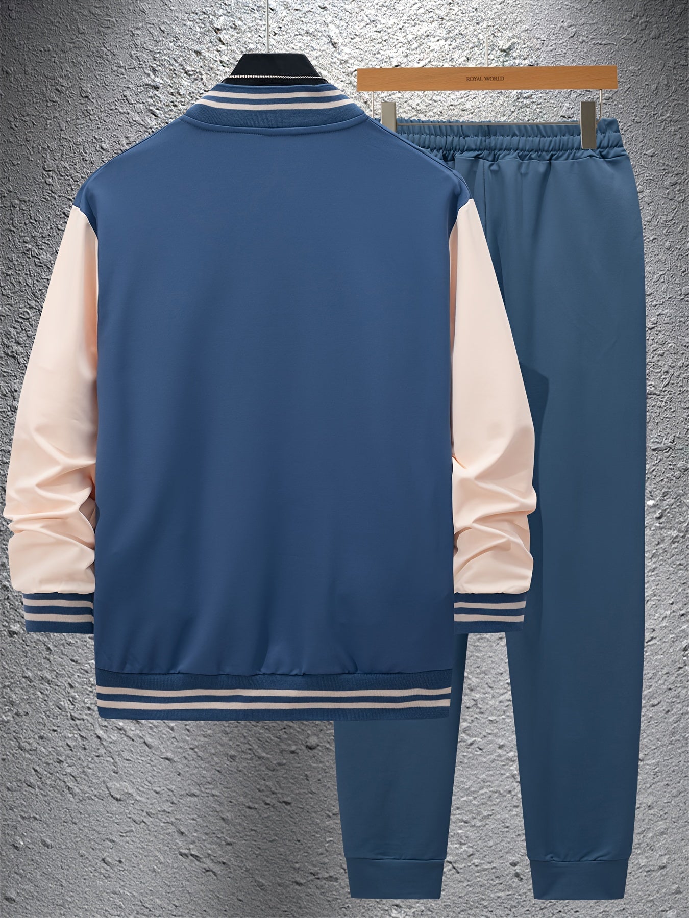 Men's Polyester Color Block Casual Baseball Collar Jacket and Sweatpants Set for Spring Fall