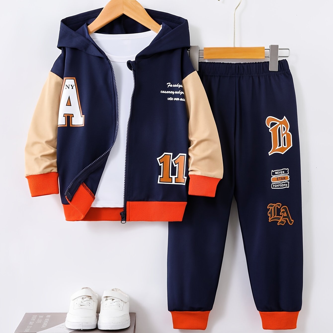 Boys Kids Hooded Baseball Jacket and Joggers Set Fall Winter Casual Street Style
