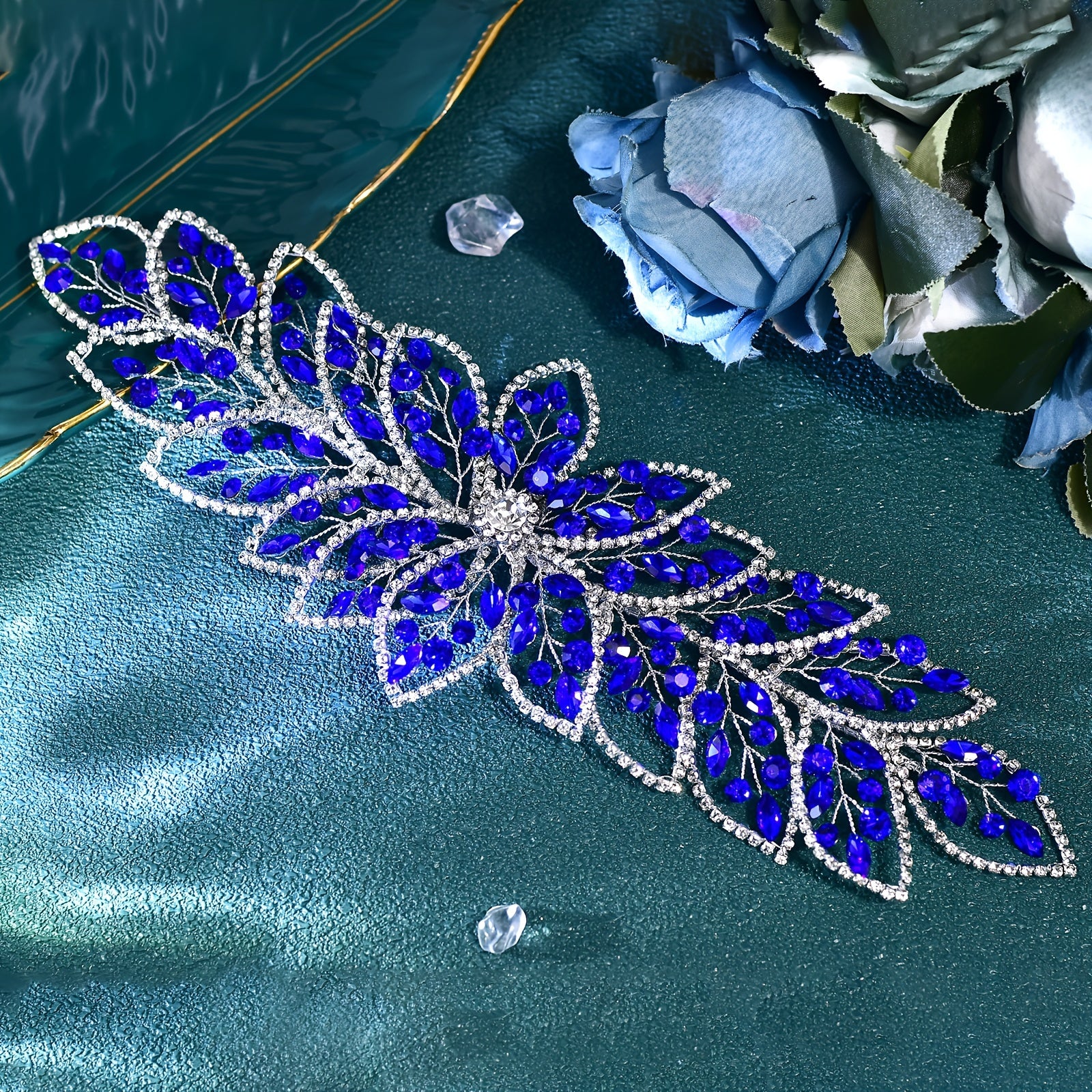 Blue Hairband with Rhinestones and Hollow-Out Design for Weddings and Special Occasions