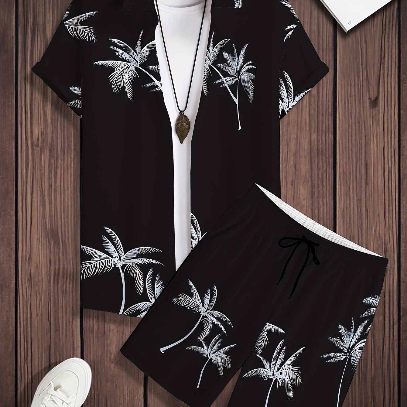 Men's Hawaiian Themed Casual Set in Black and White Palm Print Polyester Blend Plus Size