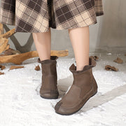 Women's Genuine Leather Mid-Calf Ankle Boots with Low Heel and Zipper