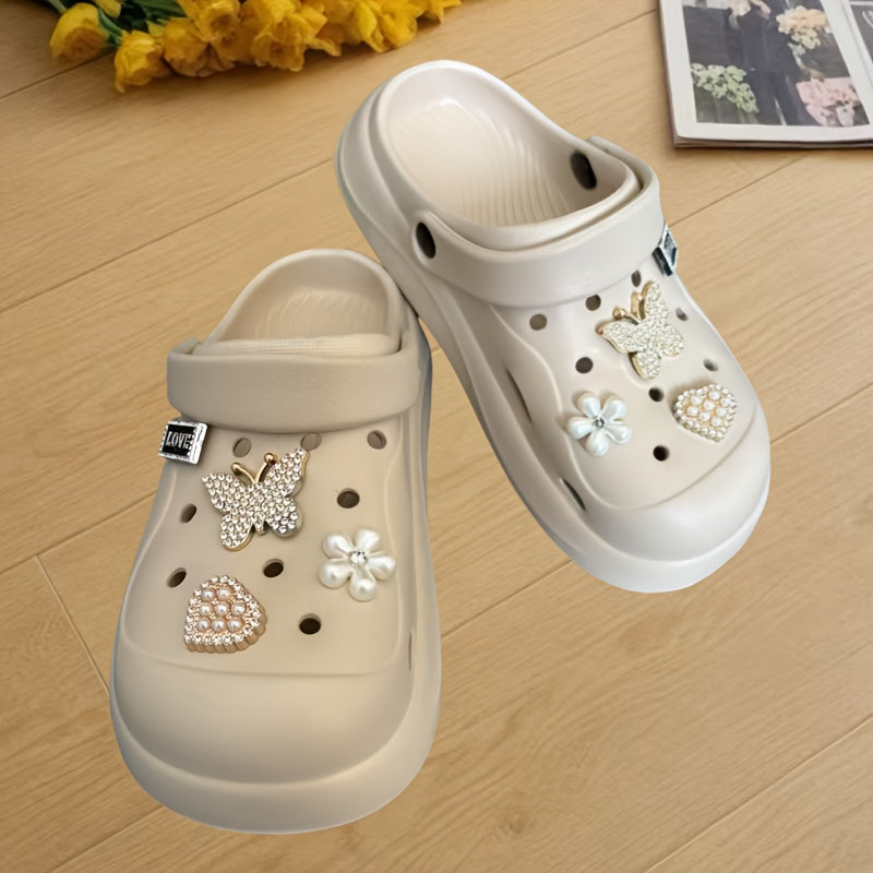 Women's EVA Clogs with Rhinestone Butterfly and Heart Charms, Summer Beach Sandals, White