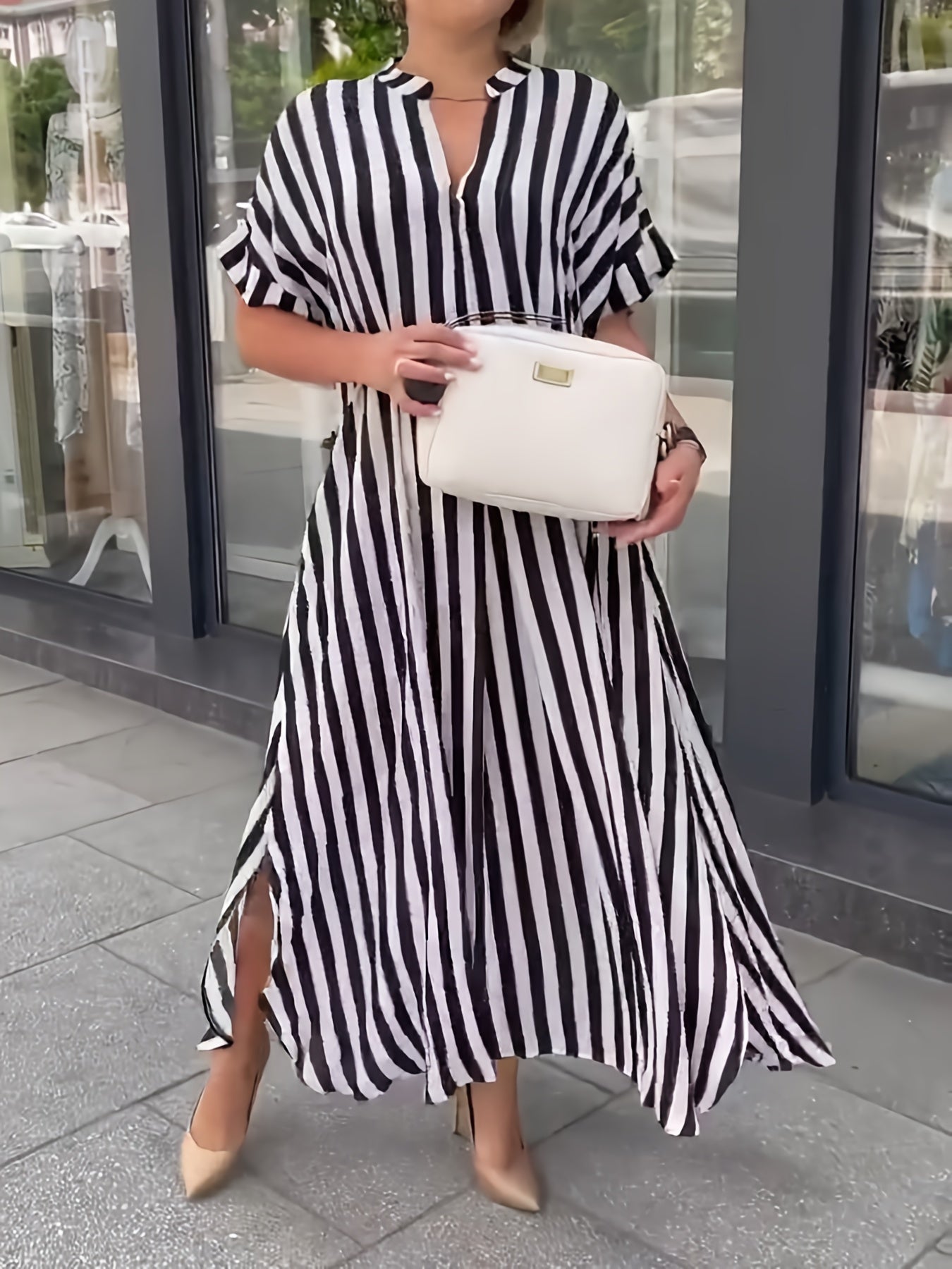 Plus Size Striped Longline Dress with Short Sleeves Notched Neck for Spring Summer Women