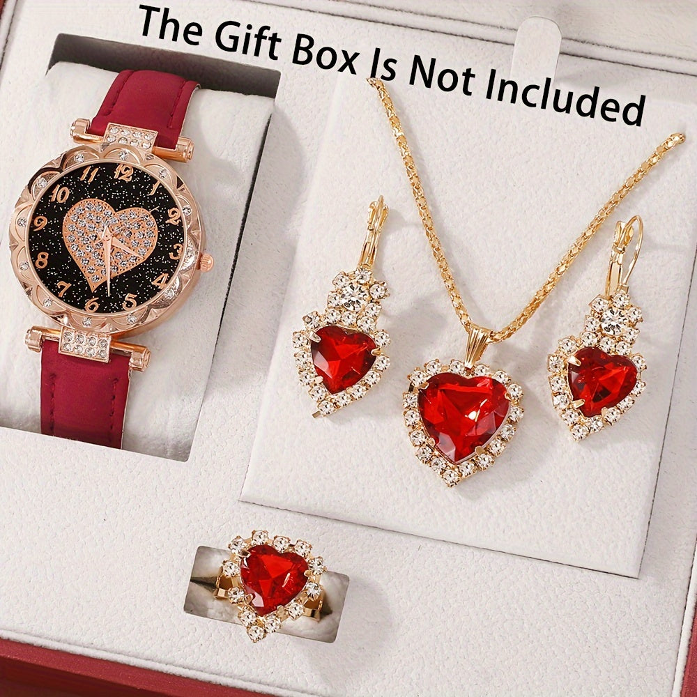 Women's Heart Quartz Watches Set with Rhinestone Accents and Matching Jewelry