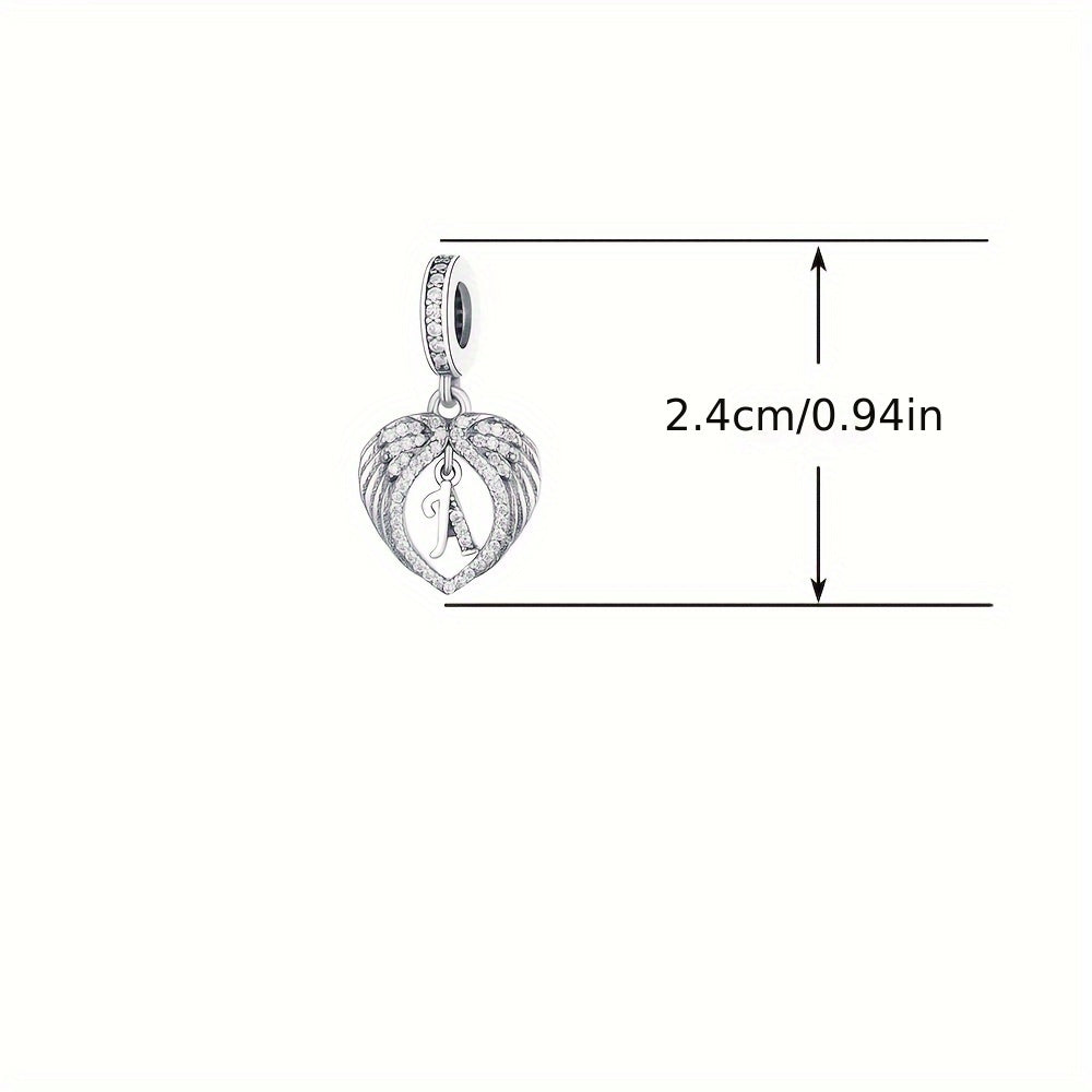 Sterling Silver Heart-Shaped Wing Pendant with Zircon Letter for DIY Jewelry