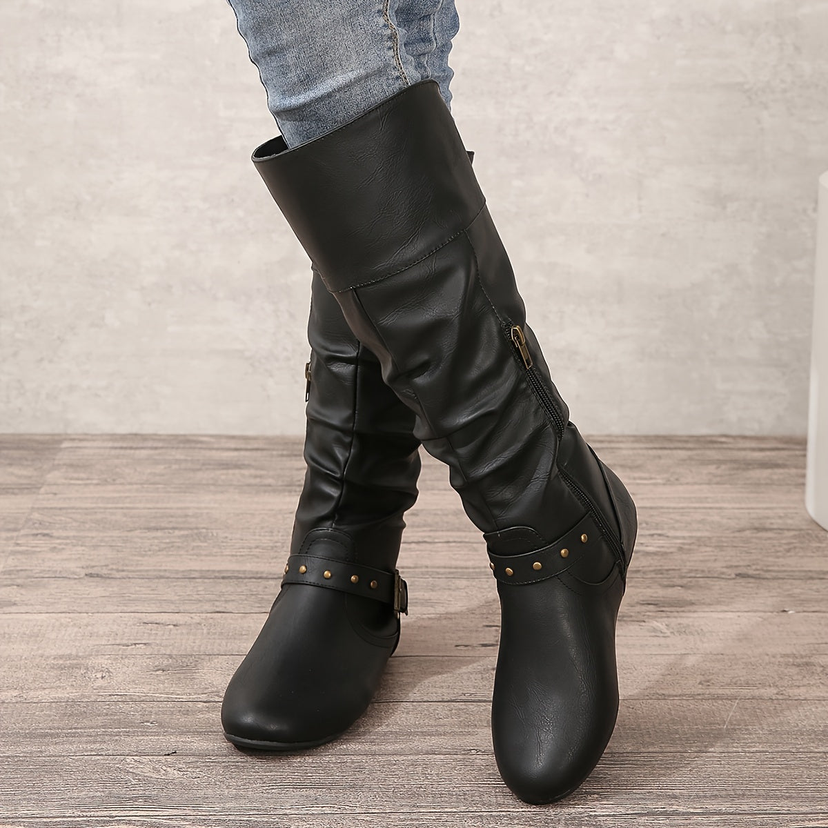 Women's Solid Color Mid-Calf Boots with Side Zipper and Buckle