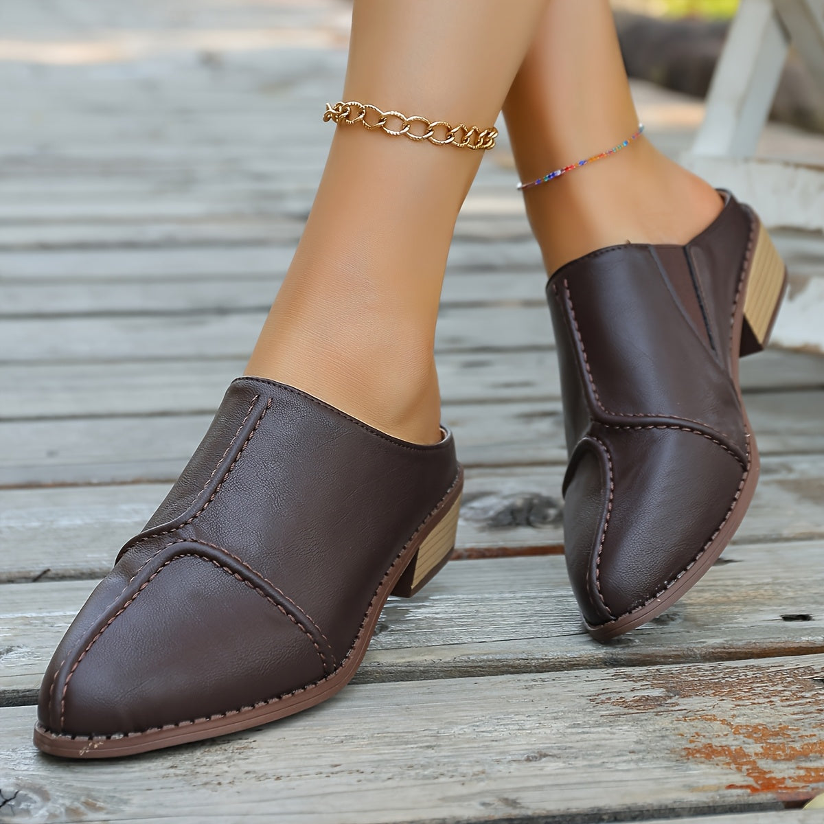 Women's Faux Leather Retro Pointed Toe Mule Shoes with Chunky Heels