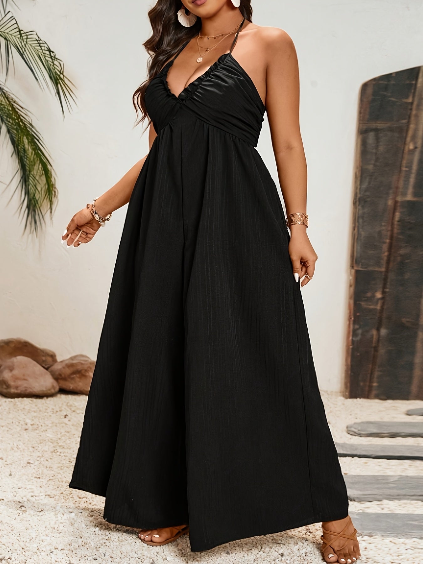 Plus Size Women's Sleeveless Wide-Leg Pants Black Loose Fit All-Season Casual