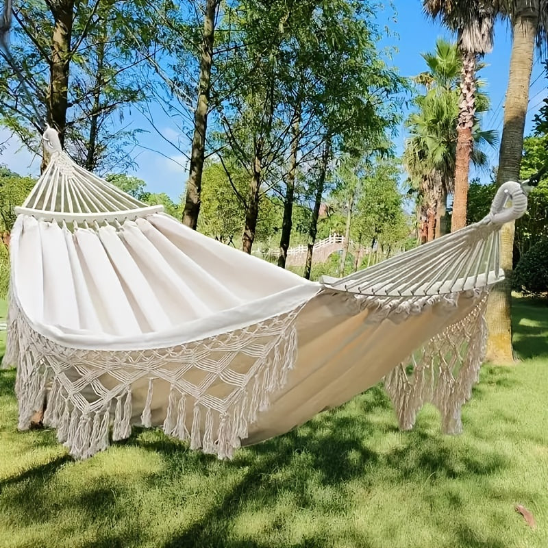 Bohemian Style Cotton Blend Hammock with Fringe Thick Ropes 204kg Capacity for Outdoor Garden Patio