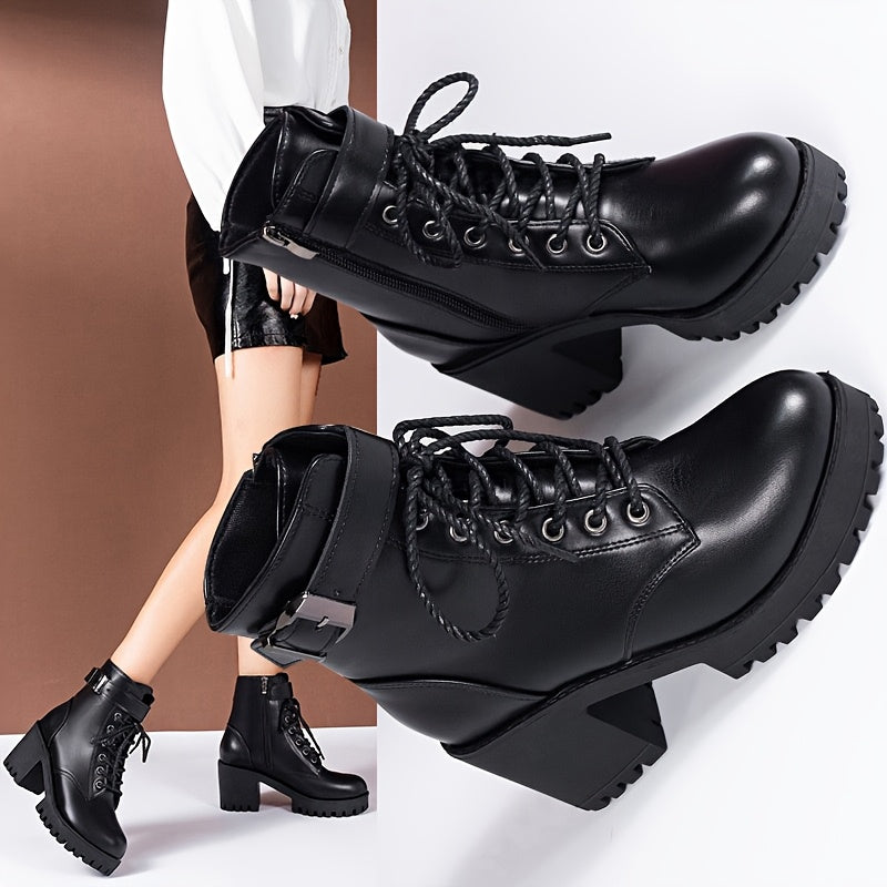 Women’s Leather Lace-Up High Heeled Short Boots Black