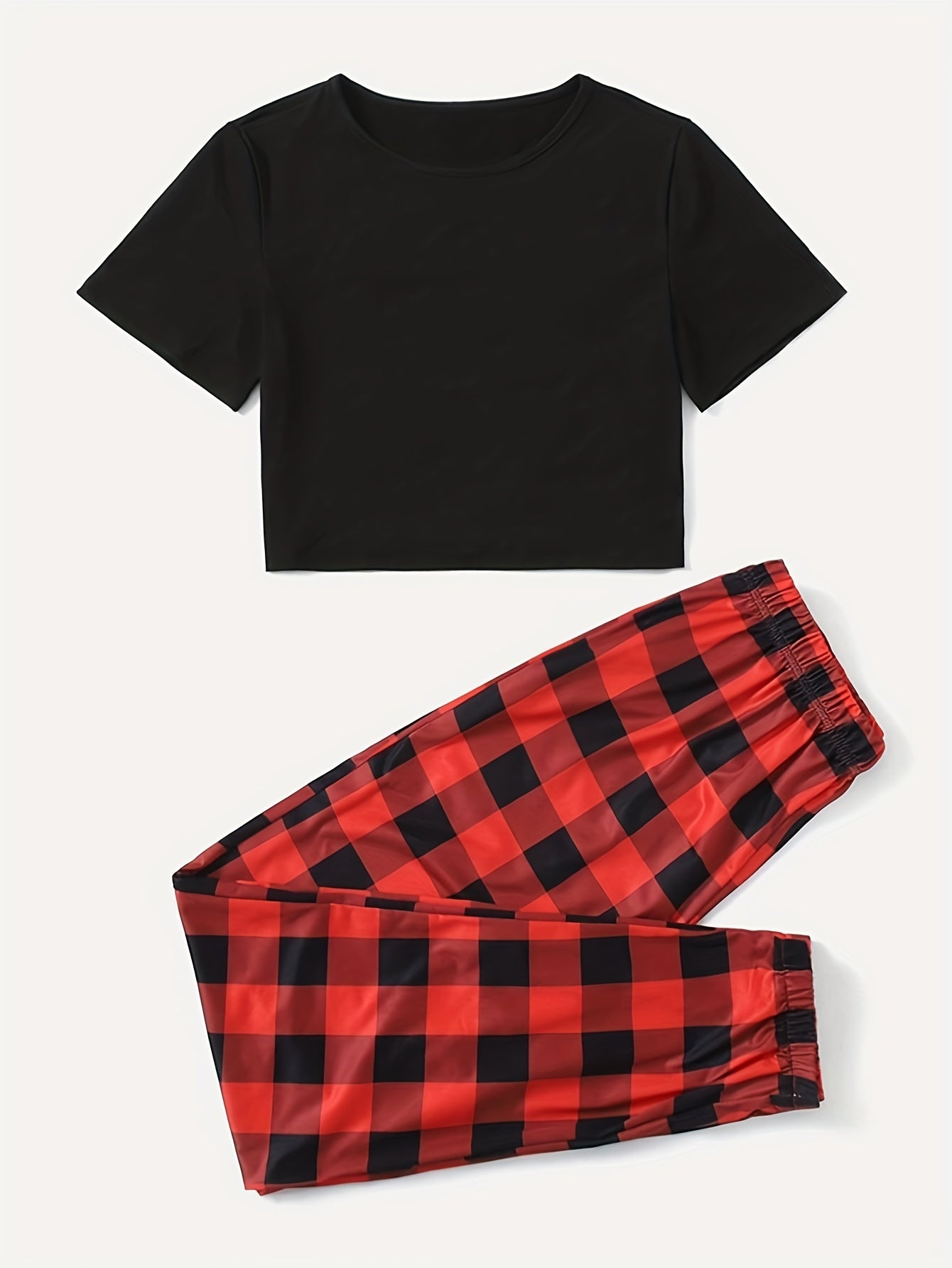 Conjunto de pijama de cuadros para mujer, camiseta de manga corta de jersey y pantalones con cintura elástica