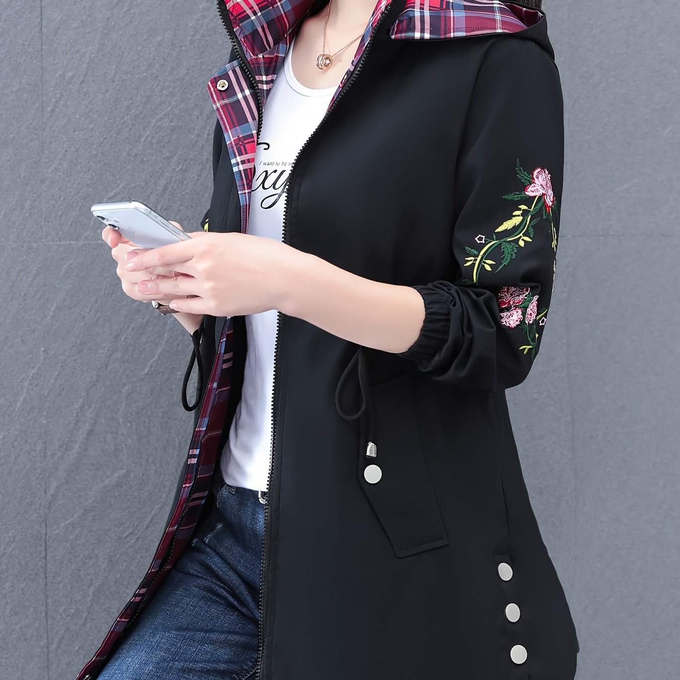 Women's Floral Hooded Jacket with Glossy Finish for Spring Fall Casual Weekend Wear