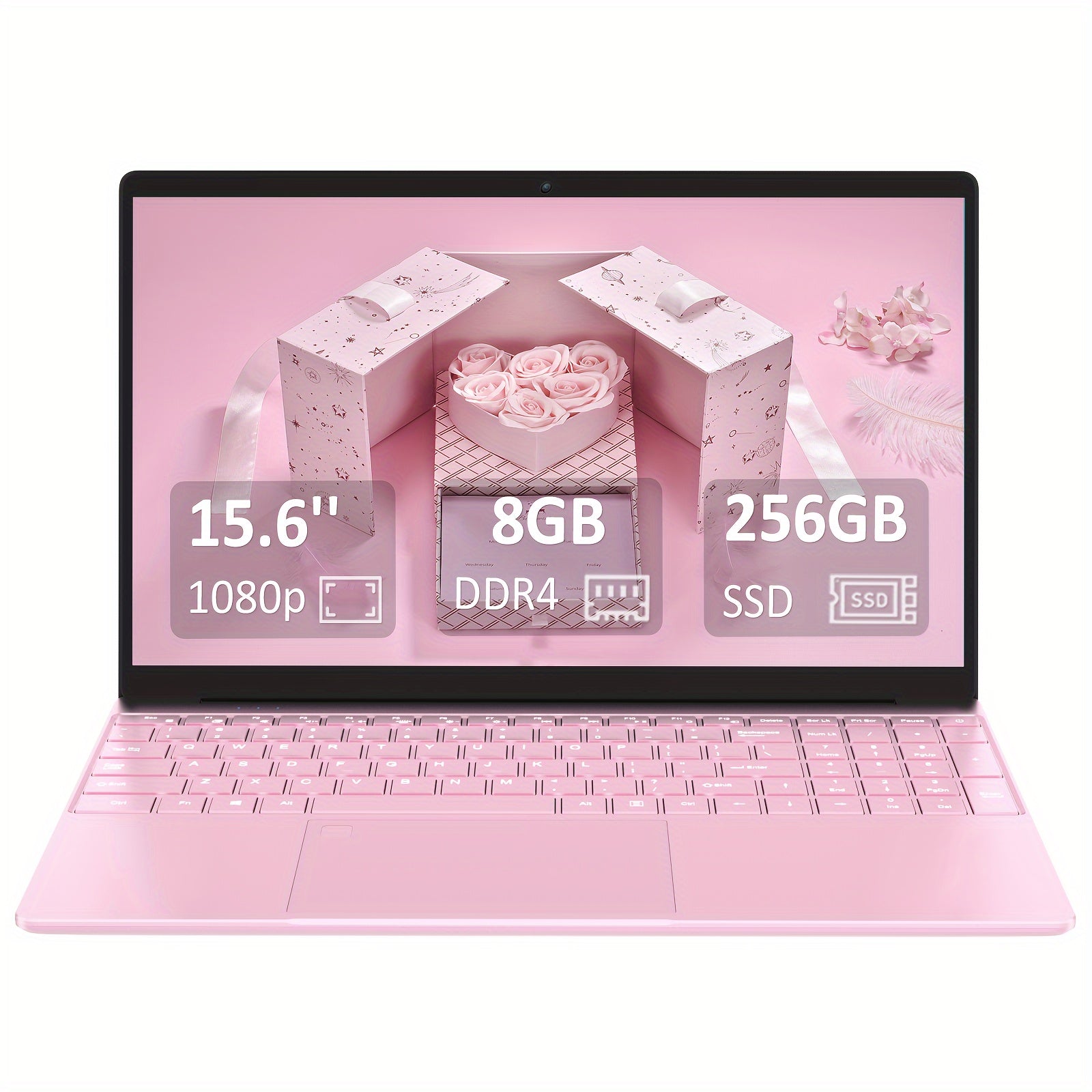 Pink 15.6 Inch Laptop with 8GB DDR4 RAM, 256GB SSD, 1080P FHD Display, Webcam, USB 3.0, Backlit Keyboard