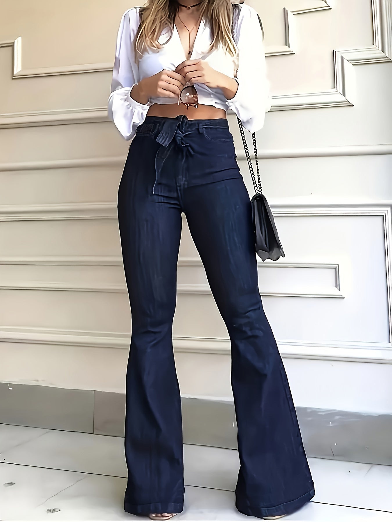 Women's Navy Blue High-Waist Flared Jeans with Stretch Denim and Tie Waist