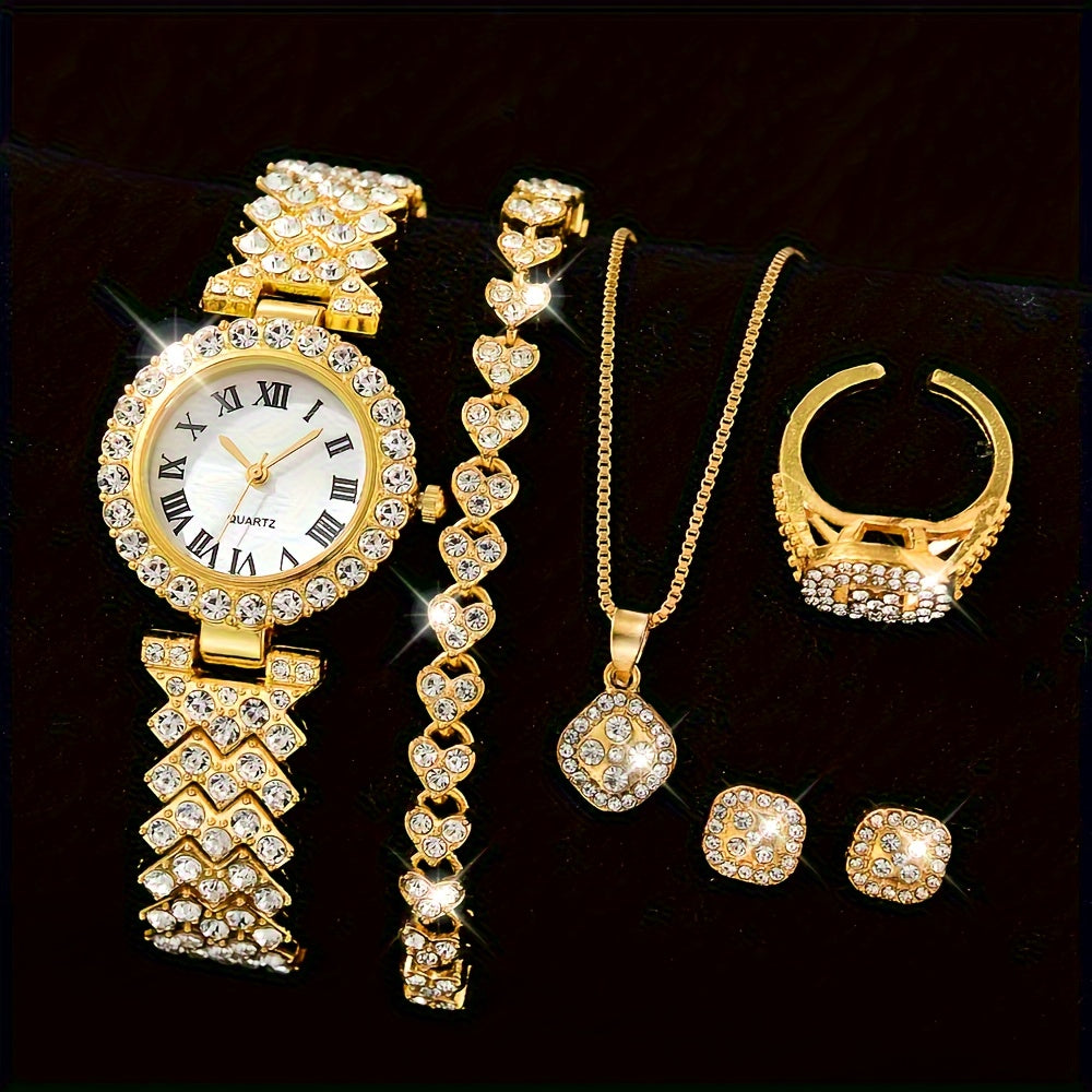 Women's Gold Watch Set with Round Dial and Matching Accessories