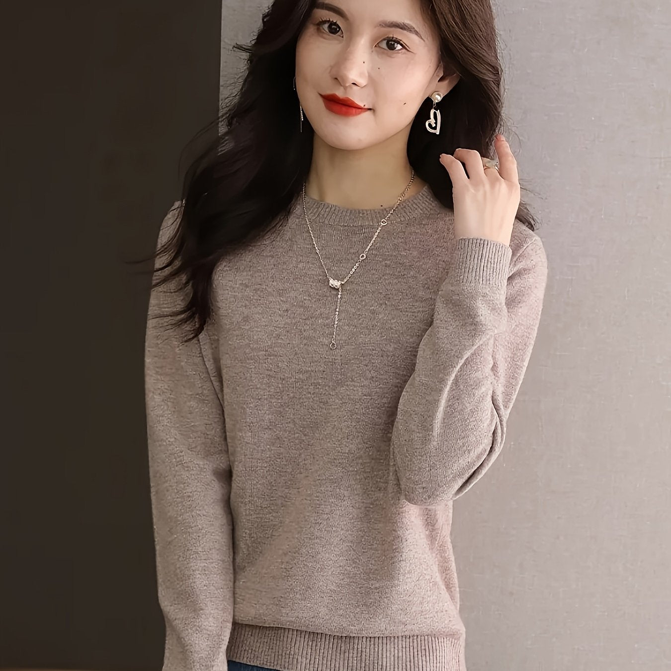 Suéter de lana merina para mujer de cuello redondo y manga larga, de color sólido, para otoño e invierno