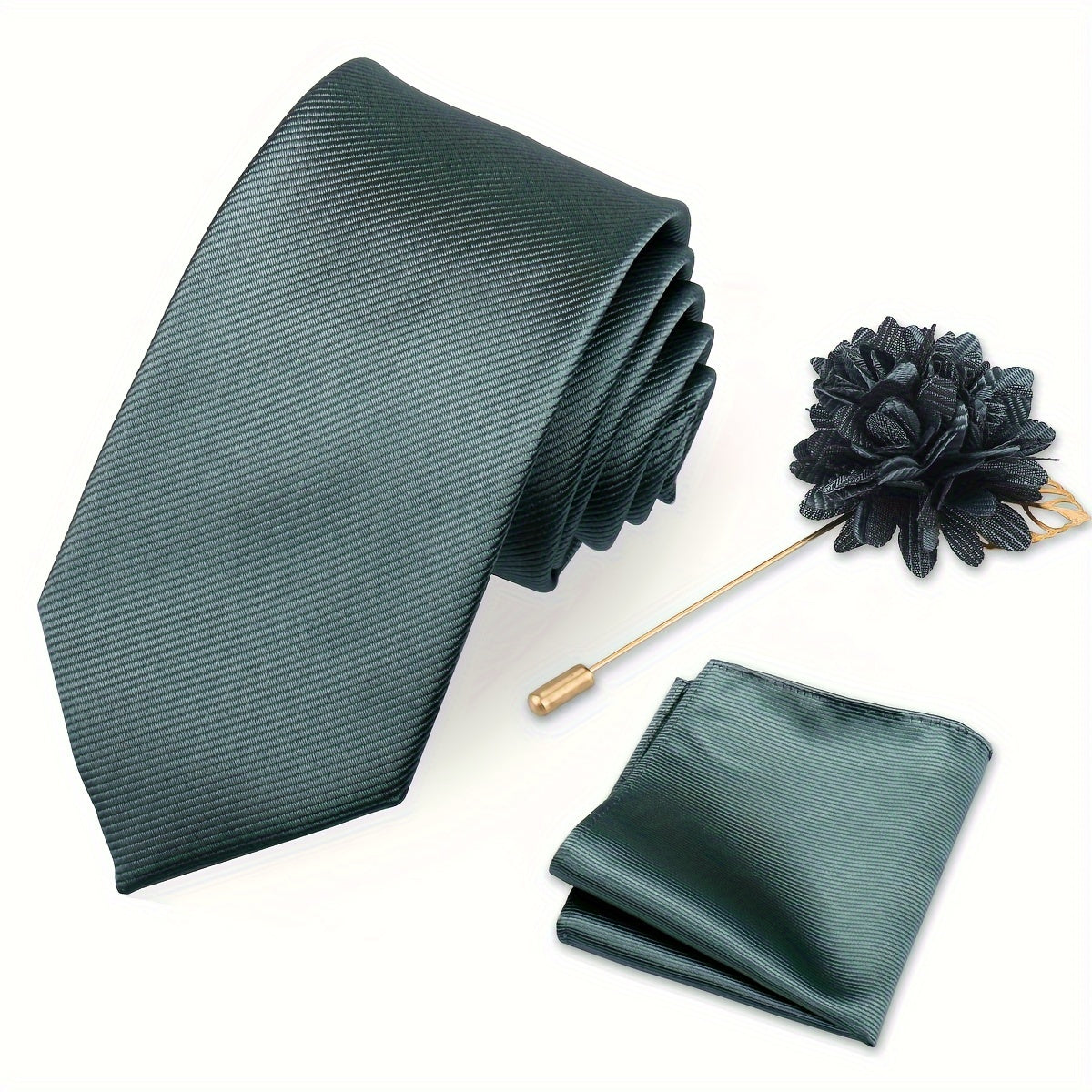 Men's Tie Set with Pocket Towel and Brooch, Classic Striped Plain Design