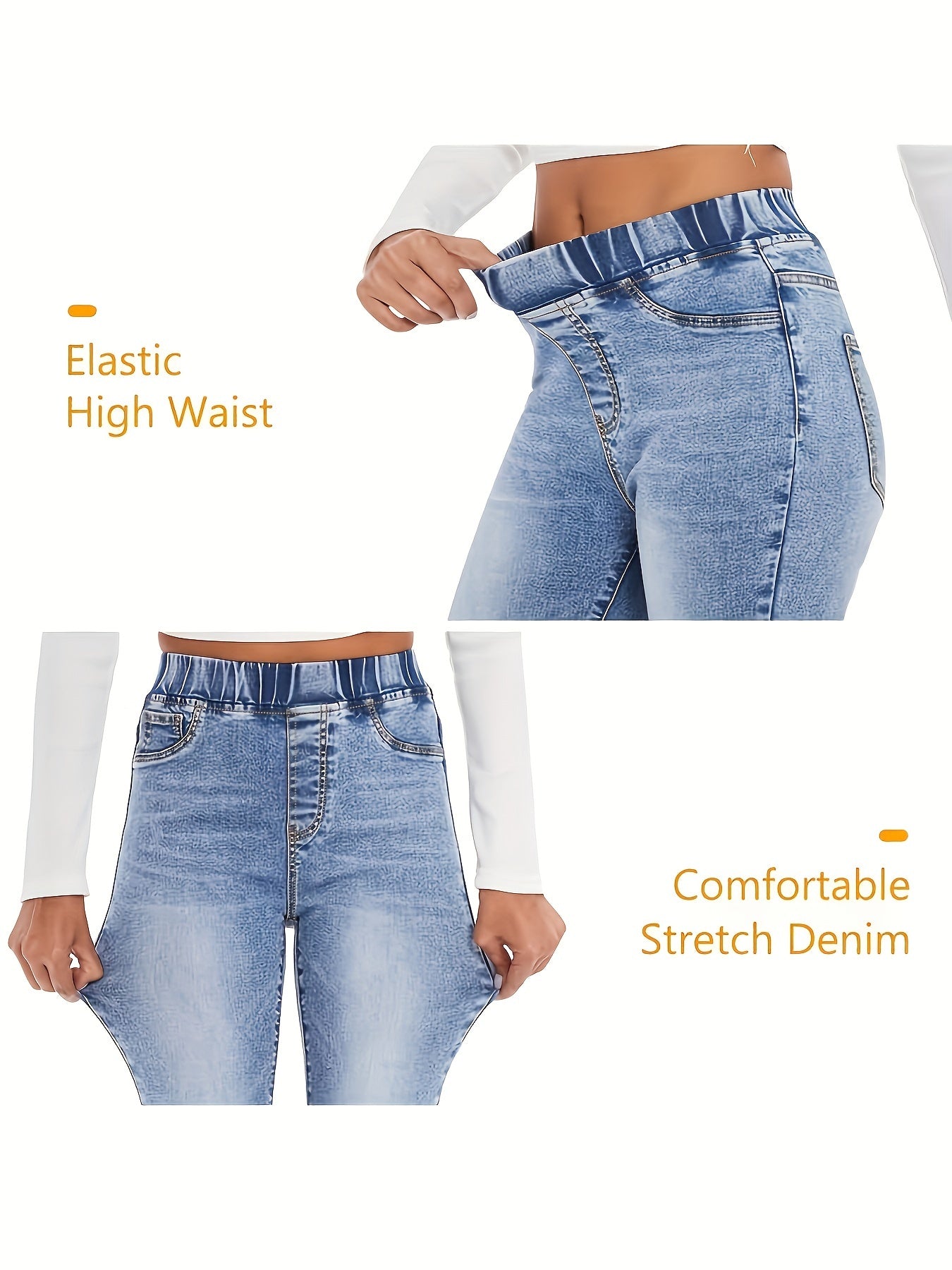 Women's Light Wash Blue High-Waisted Flare Jeans with Elastic Waistband and Stretch Denim