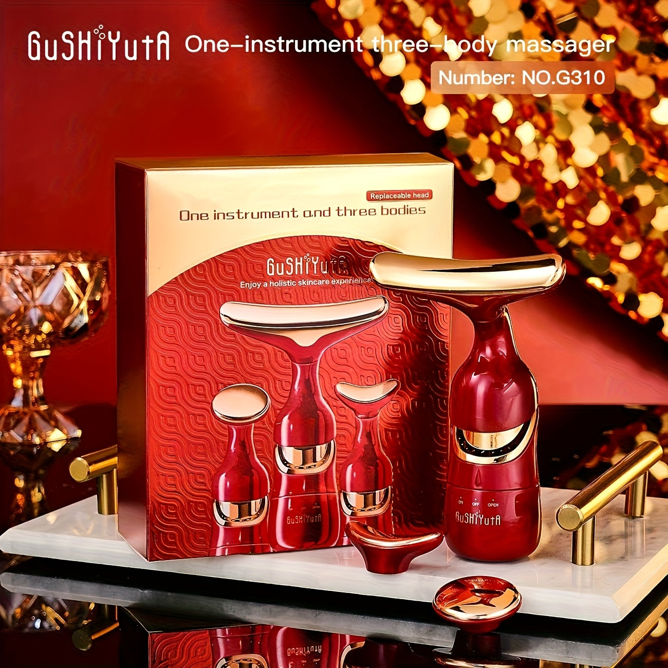 3-in-1 Facial Eye Neck Massager with Heat Portable Battery-Powered Red Gold