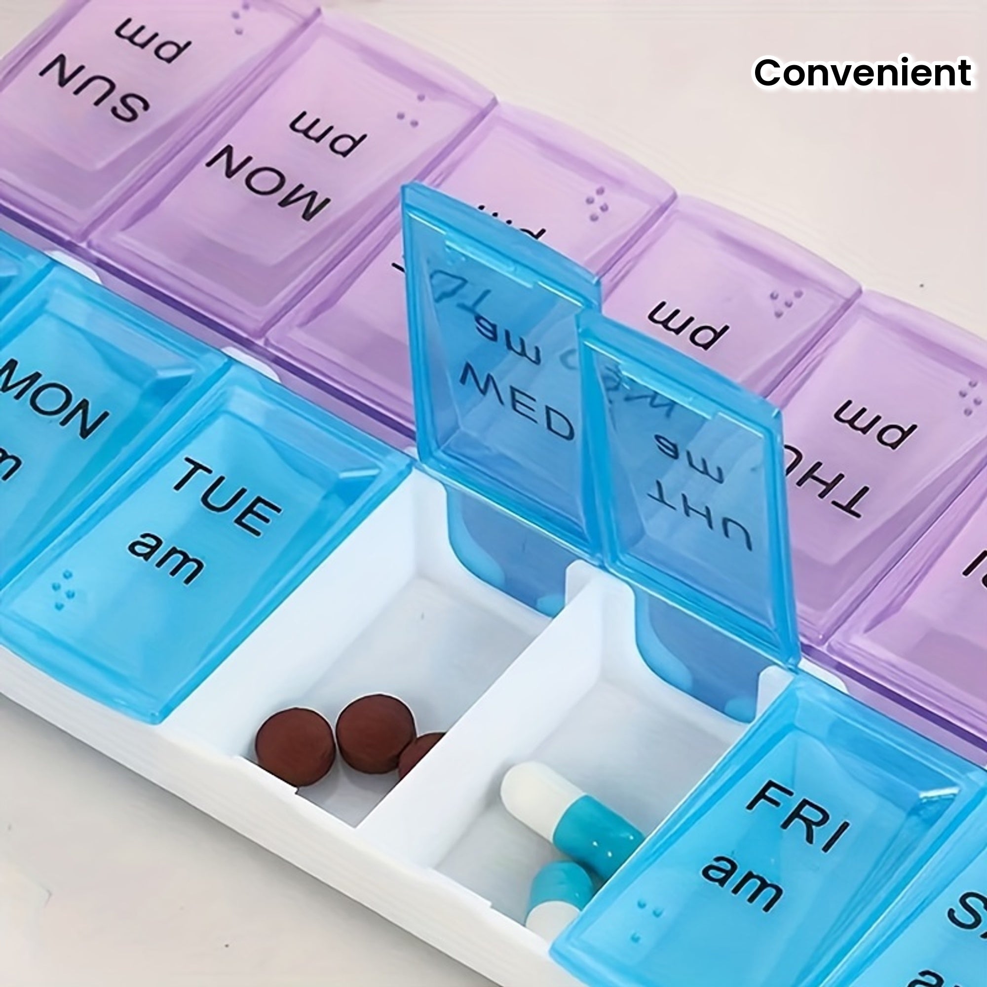 Weekly Portable Pill Organizer 14 Compartments for Travel Medication Storage