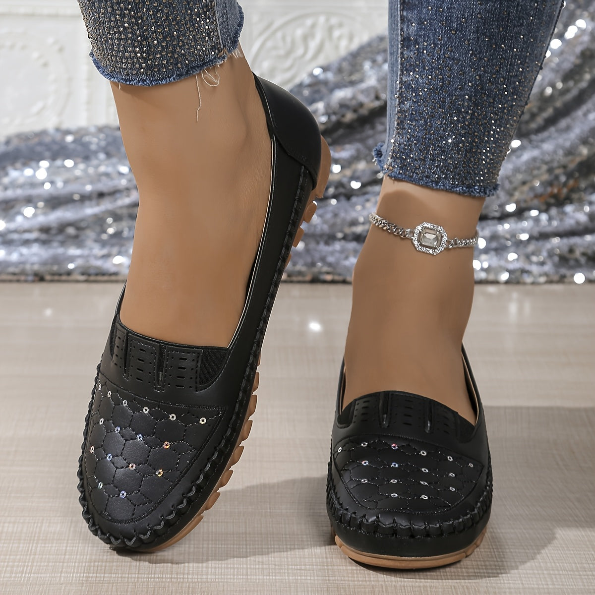 Women's Slip-On Loafers Faux Cover Shoes Comfortable TPR Sole Black White