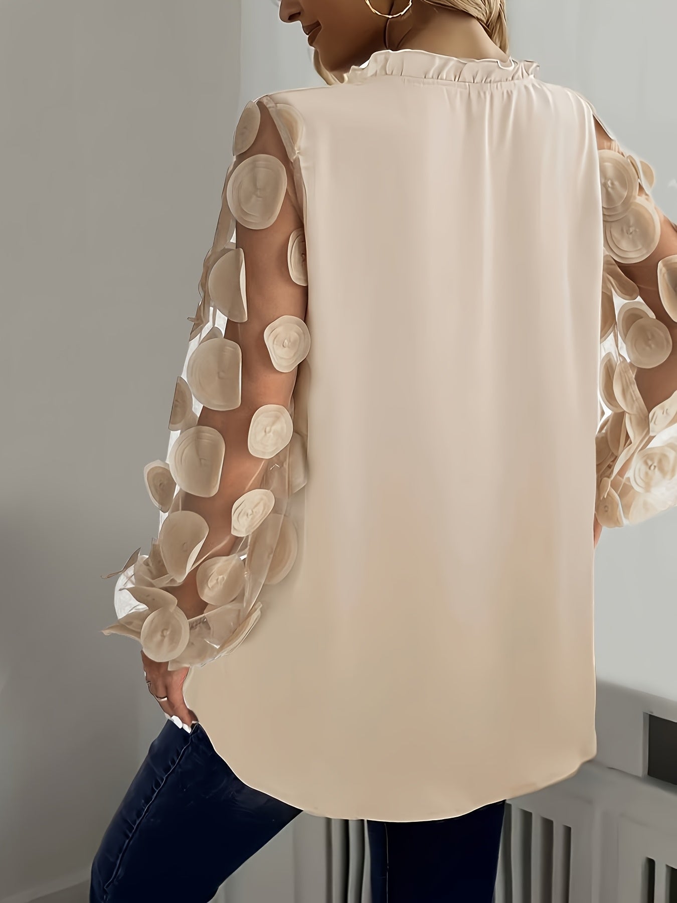 Women's Embellished Mesh Pullover Top with Notched Collar Lantern Sleeves for Night Out or Vacation