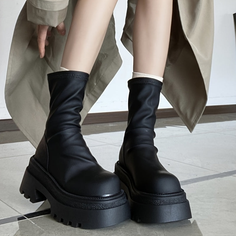 Women's Chunky Platform Ankle Boots Black Slip-Resistant PU Synthetic Closure