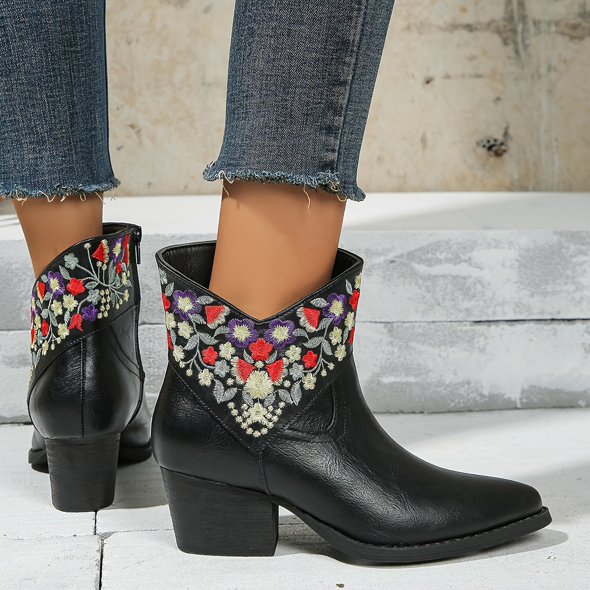 Women's Flower Pattern Chunky Heel Short Boots Leather Point Toe Ankle Zipper