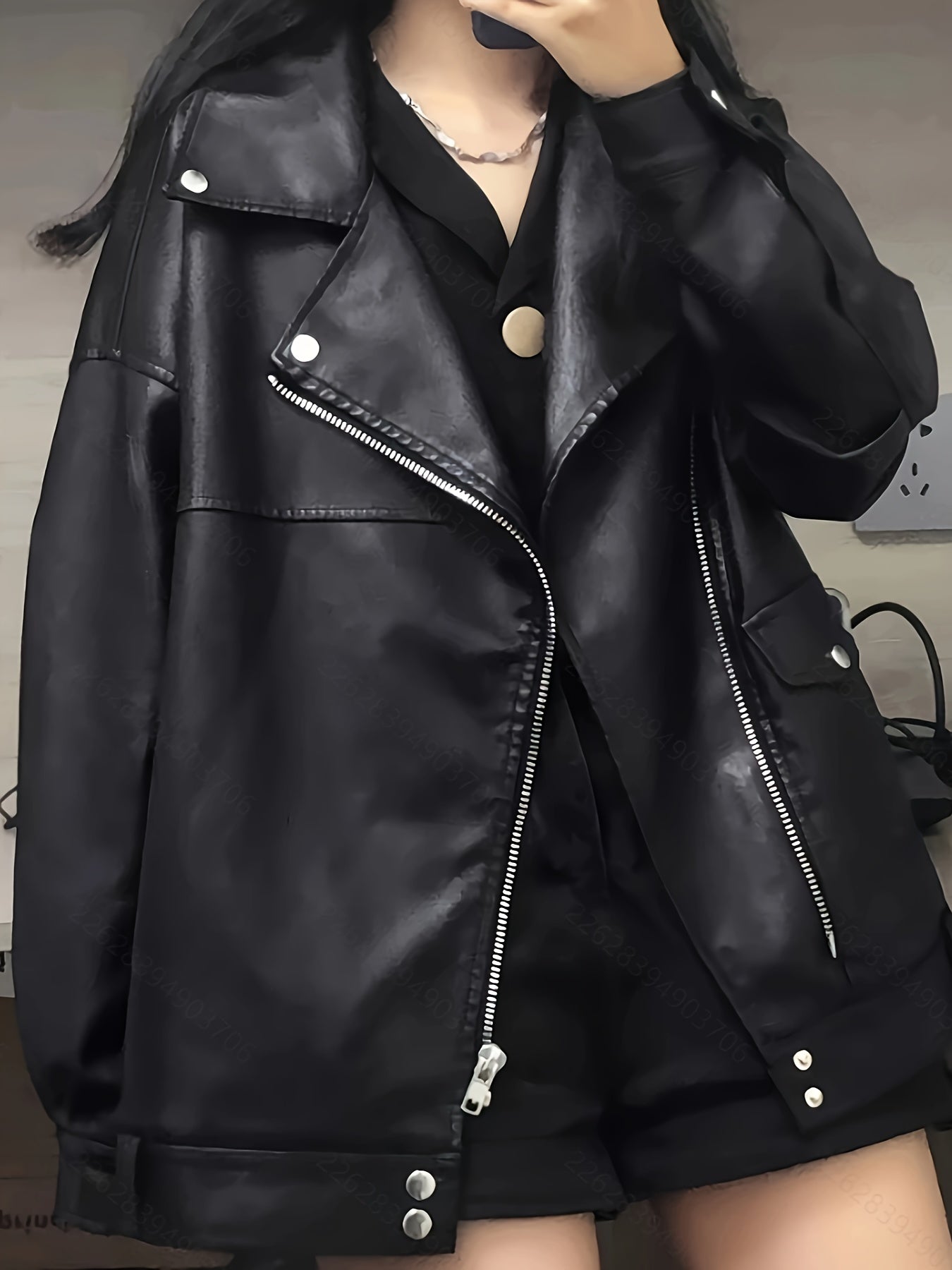 Women's Fleece-Lined Motorcycle Jacket Black Casual Loose Fit Waterproof Polyester