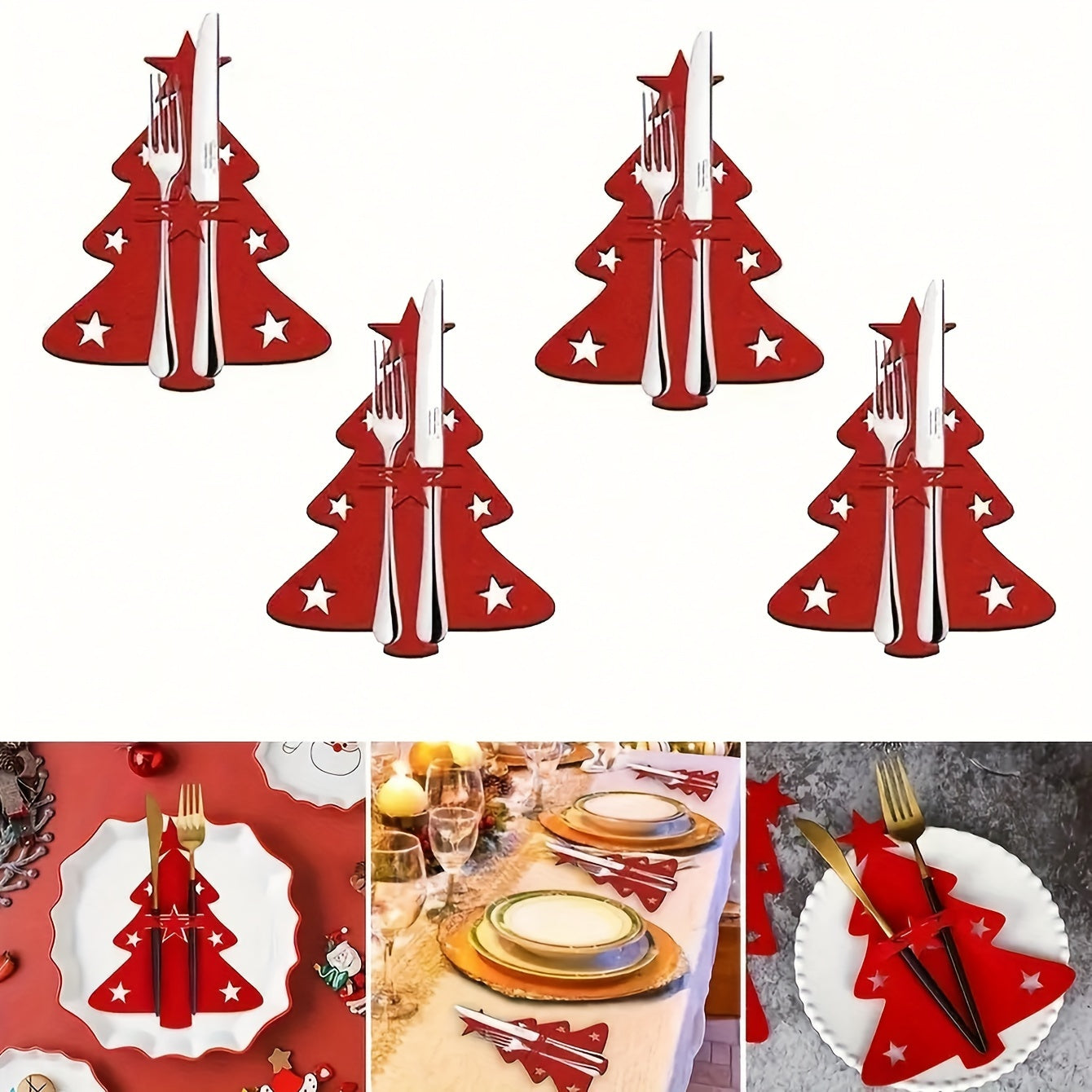 12pc Felt Mini Christmas Trees for Table Decor, Fork and Spoon Bag