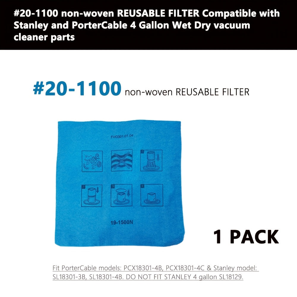 Qayta ishlatiladigan to'quv bo'lmagan filtr, mato material, 1 dona, Stanley va PorterCable 15.14 L quruq va nam vakuum tozalagich qismlari bilan mos - #20-1100