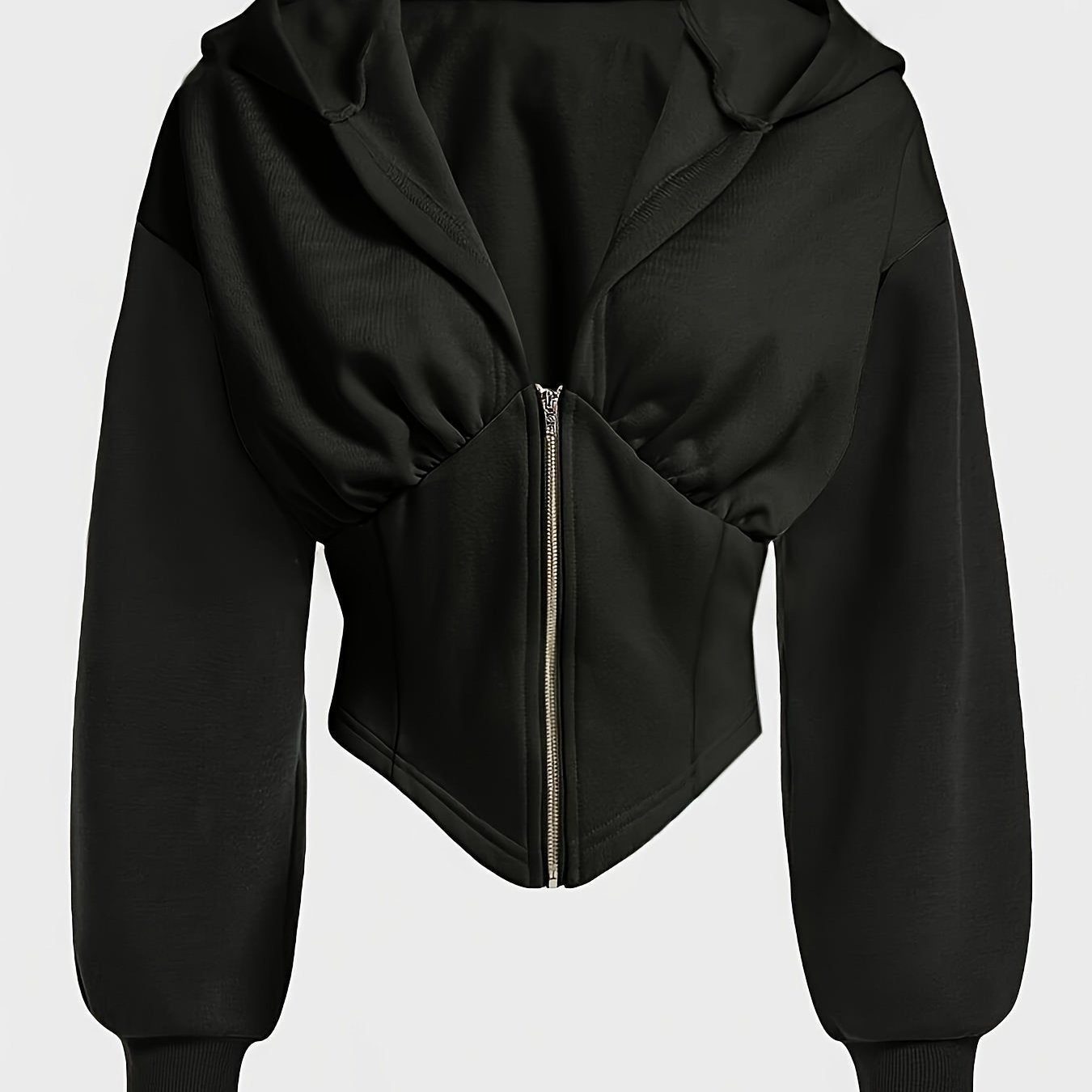 Ayollar uchun zamonaviy qora fermuarlı kapüşon, chiroyli yig'ilgan ko'krak dizayni, uzun yenglar, mashinada yuvish mumkin bo'lgan polyester, kuz/qish modasi uchun ideal.