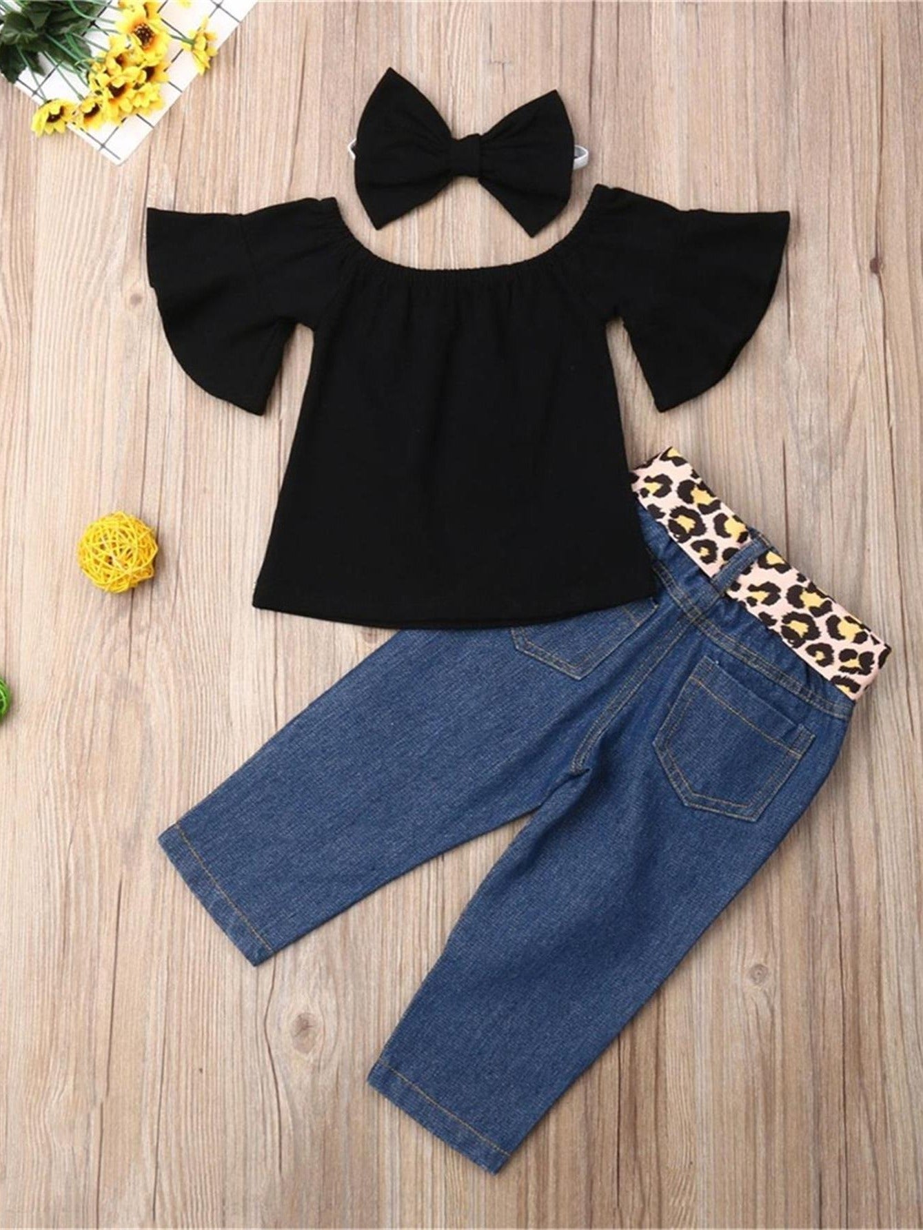 Toddler Girls Clothing Set Off-Shoulder Top Jeans Leopard Belt Headband Spring Fall Casual