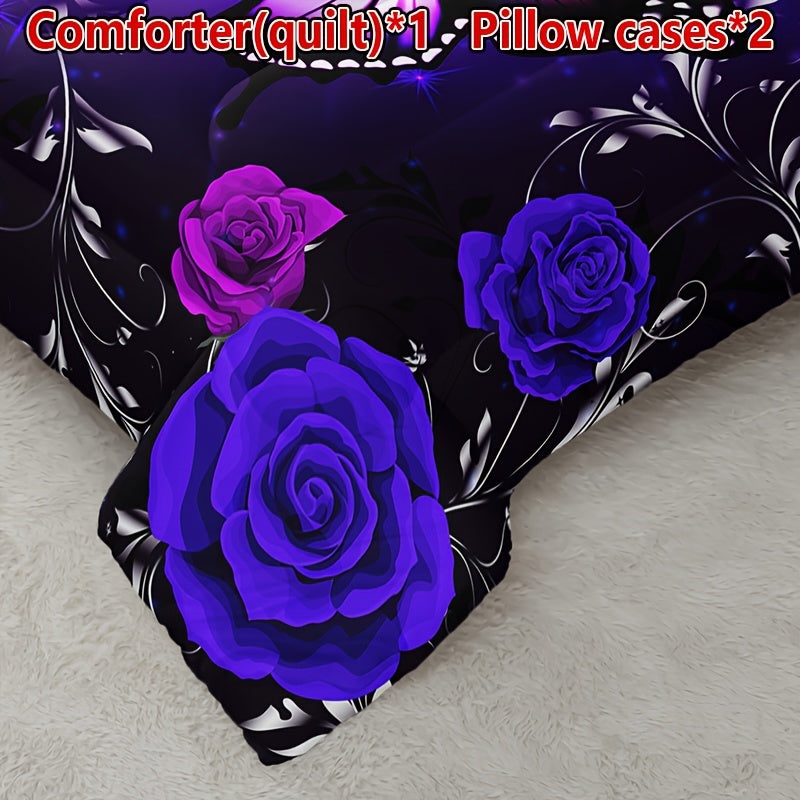 Set of 3 Purple Butterfly Floral Quilt Bedding Set with Pillowcases All Season Soft Breathable