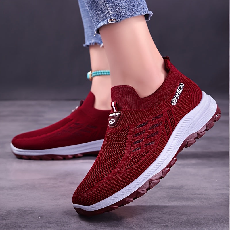 Women's Slip-On Sneakers Breathable Mesh Casual Shoes Maroon White