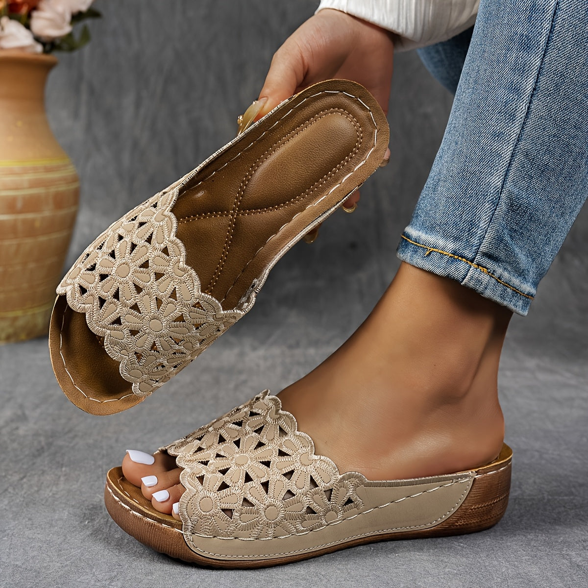 Women's Floral Wedge Sandals Open Toe Slip-On Casual Sandals