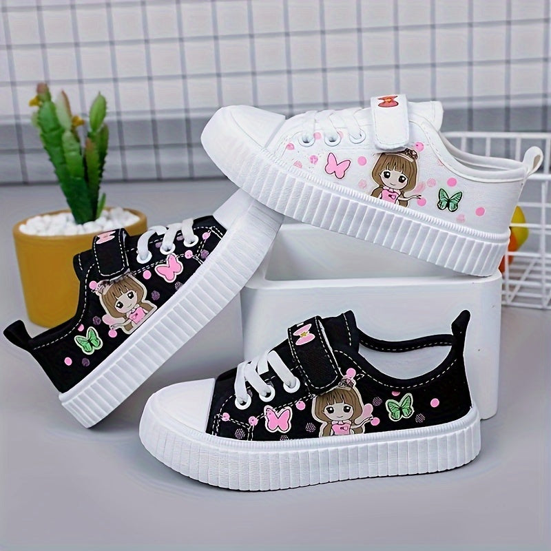 Girls' Canvas Sneakers Pink Black Butterfly Girl Low Top Breathable Casual Shoes