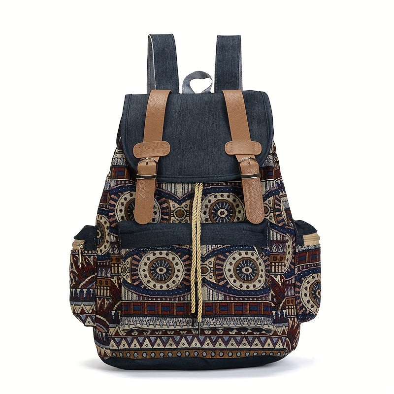 Women's Denim Backpack with Geometric Tribal Pattern Adjustable Straps Large Capacity Blue Brown
