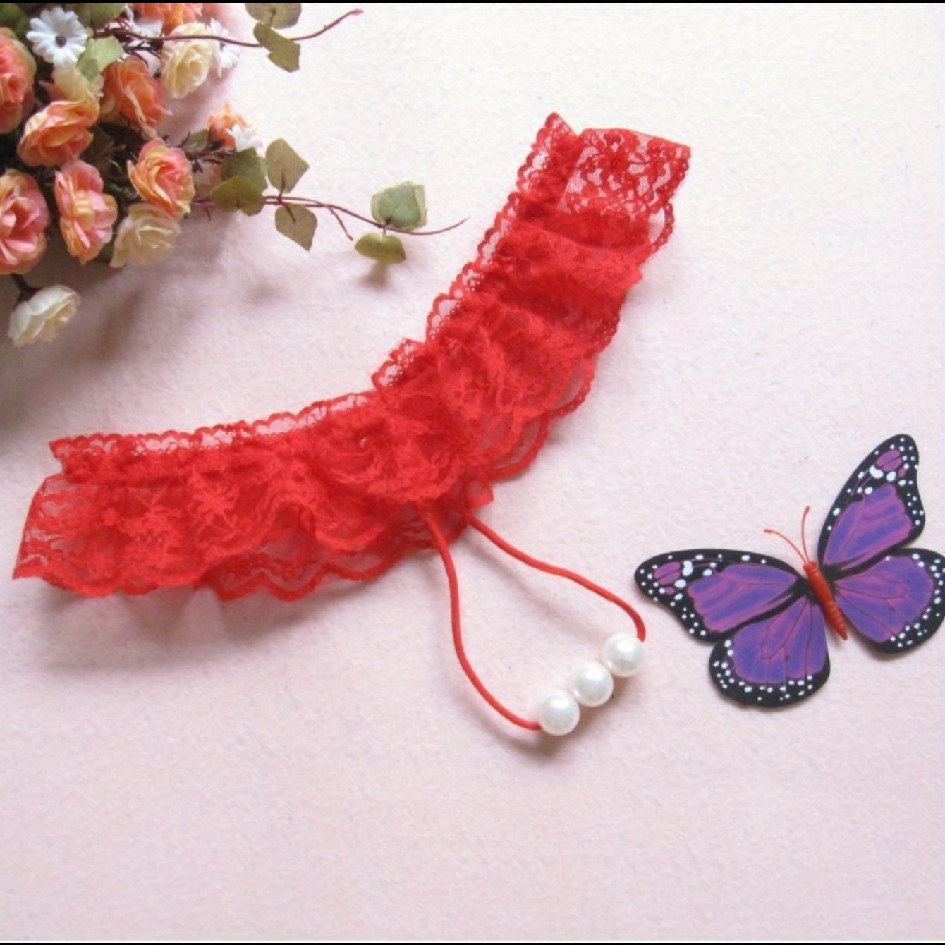 Black Lace Thong with Faux Pearl Accents for Seduction Lingerie