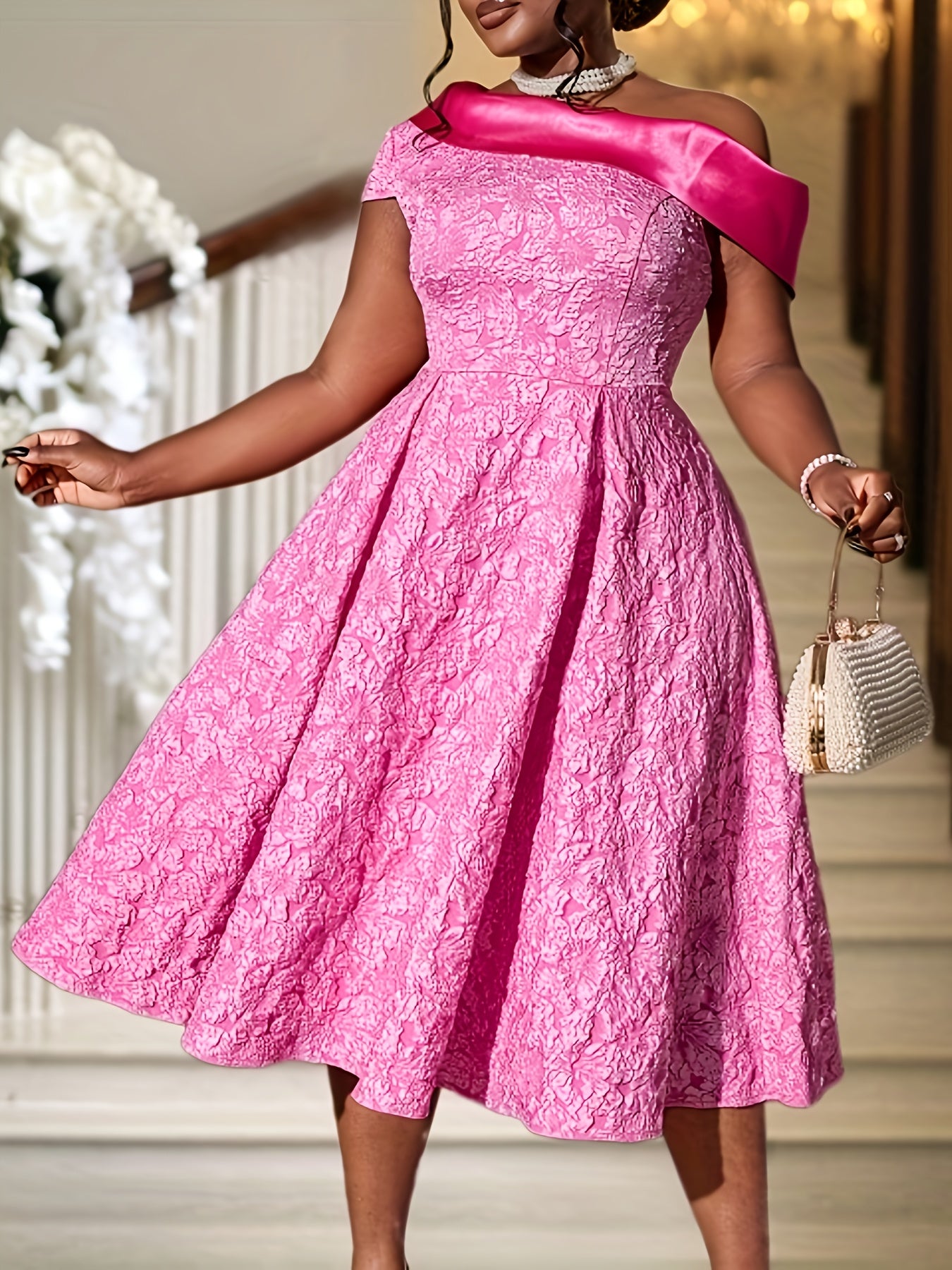 Women's Floral Print A-Line Party Dress with One-Shoulder Neckline and Flared Hem