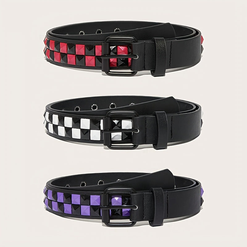 Unisex Hip Hop Belt with Studded Checkered Design Waistband for Jeans