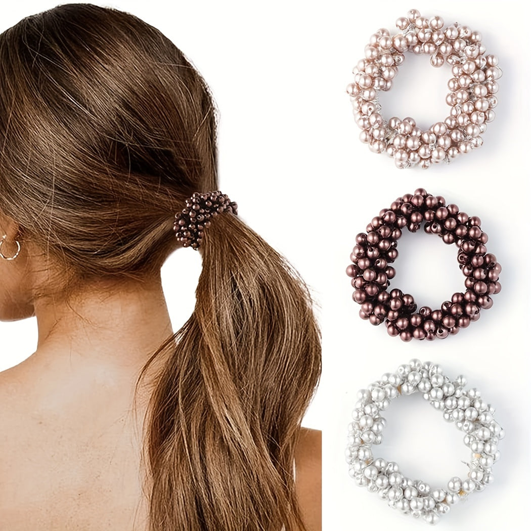 Women’s Elastic Hair Ties Set with Crystal Pearl Beaded Embellishments for Chic Ponytails and Bracelets