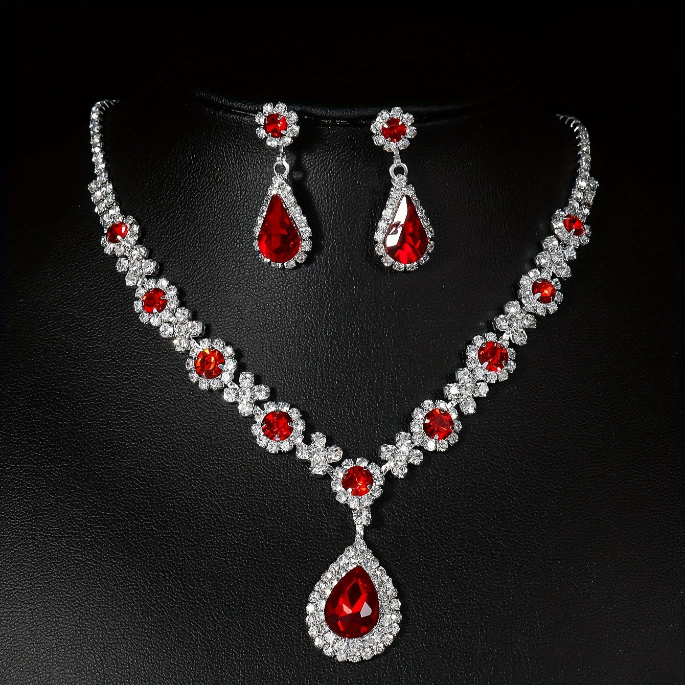 Silver Plated Jewelry Set for Women Red Rhinestone Flower Teardrop Pendant for Parties