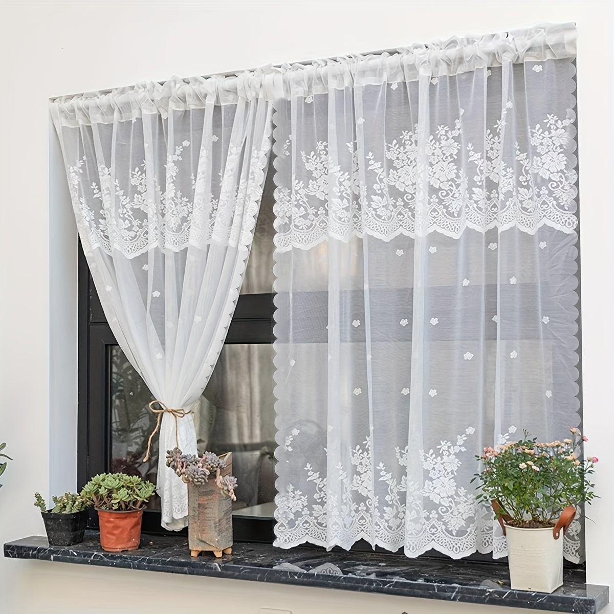 Romantic White Lace Curtain Panel Adjustable Length Machine Washable for Bedroom Kitchen Coffee Shop