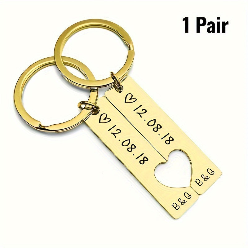 Personalized Stainless Steel Couple Keychains with Date for Anniversary or Birthday