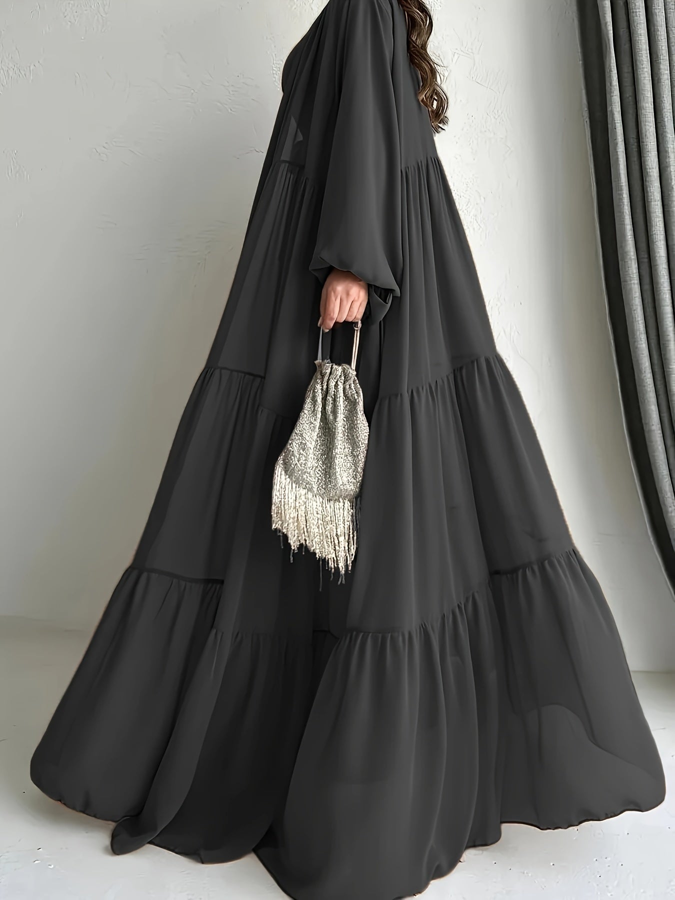 Chiffon Abaya with Lantern Sleeves Belt Ruffle Asymmetrical Hem for All Seasons